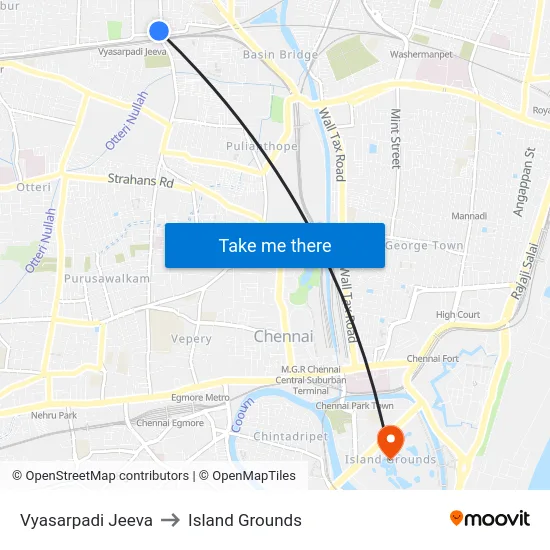 Vyasarpadi Jeeva to Island Grounds map