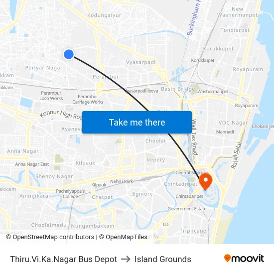Thiru.Vi.Ka.Nagar Bus Depot to Island Grounds map