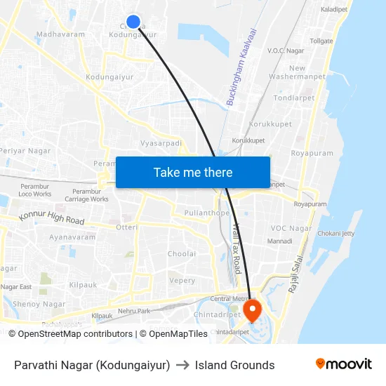 Parvathi Nagar (Kodungaiyur) to Island Grounds map