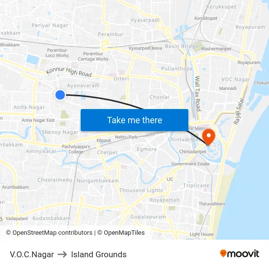 V.O.C.Nagar to Island Grounds map