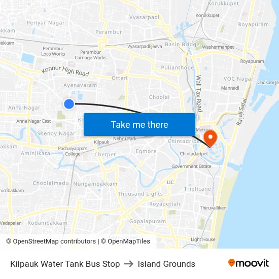 Kilpauk Water Tank Bus Stop to Island Grounds map