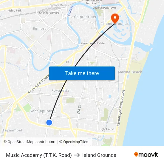 Music Academy (T.T.K. Road) to Island Grounds map