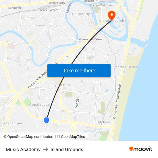 Music Academy to Island Grounds map