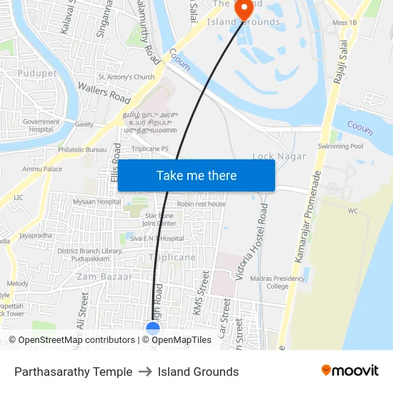 Parthasarathy Temple to Island Grounds map