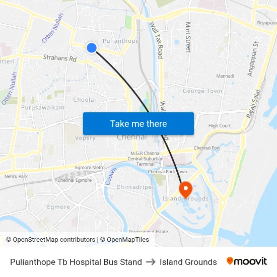 Pulianthope Tb Hospital Bus Stand to Island Grounds map