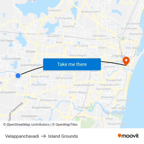 Velappanchavadi to Island Grounds map