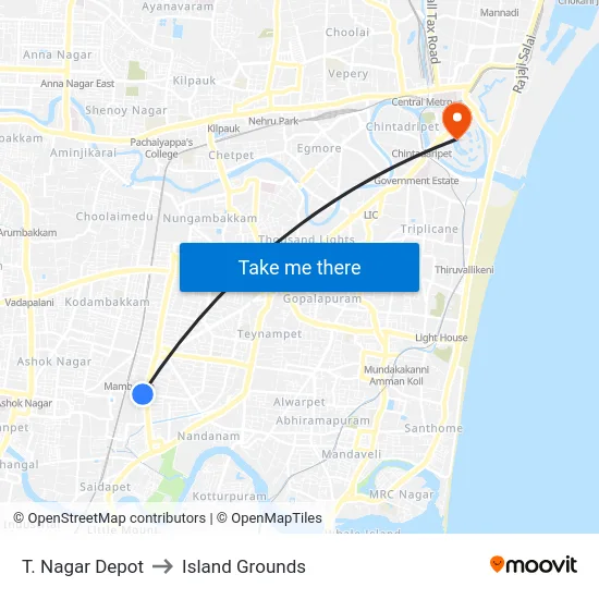 T. Nagar Depot to Island Grounds map