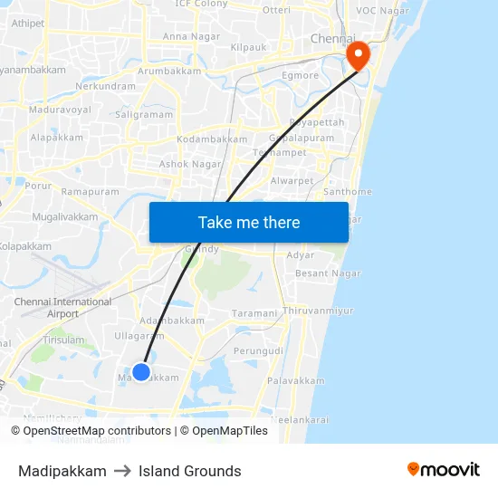 Madipakkam to Island Grounds map