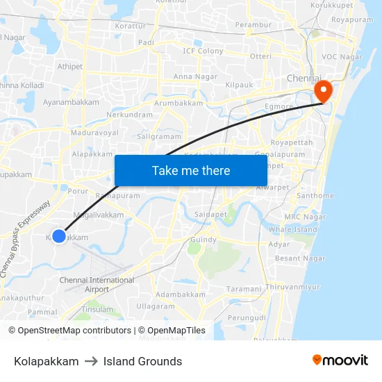 Kolapakkam to Island Grounds map