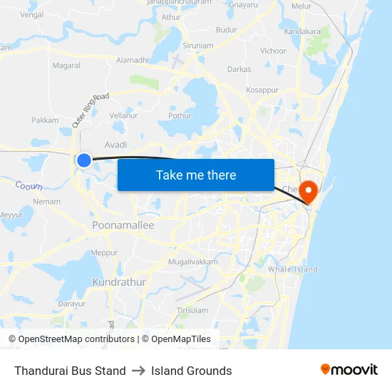 Thandurai Bus Stand to Island Grounds map