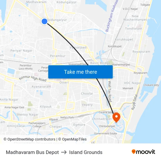 Madhavaram Bus Depot to Island Grounds map