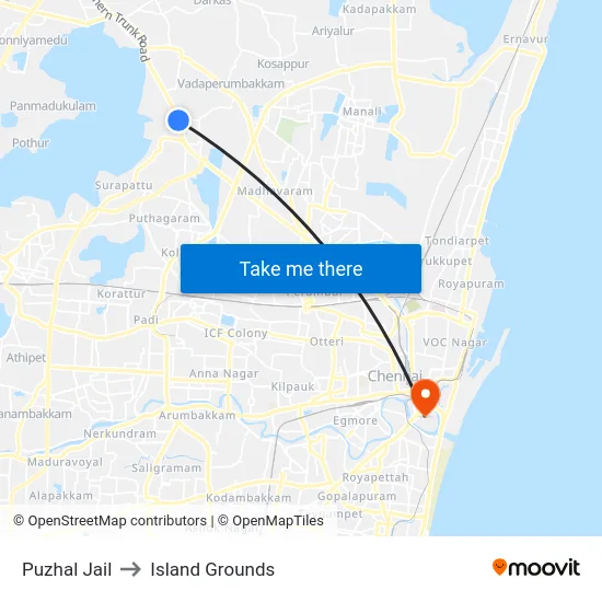 Puzhal Jail to Island Grounds map