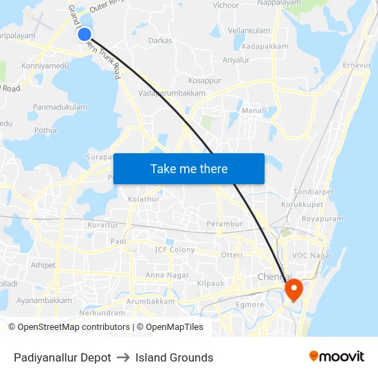 Padiyanallur Depot to Island Grounds map