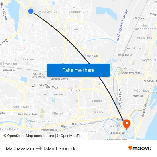 Madhavaram to Island Grounds map