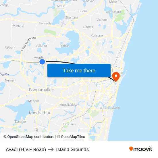 Avadi (H.V.F Road) to Island Grounds map