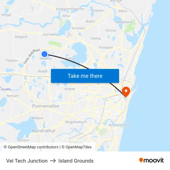 Vel Tech Junction to Island Grounds map