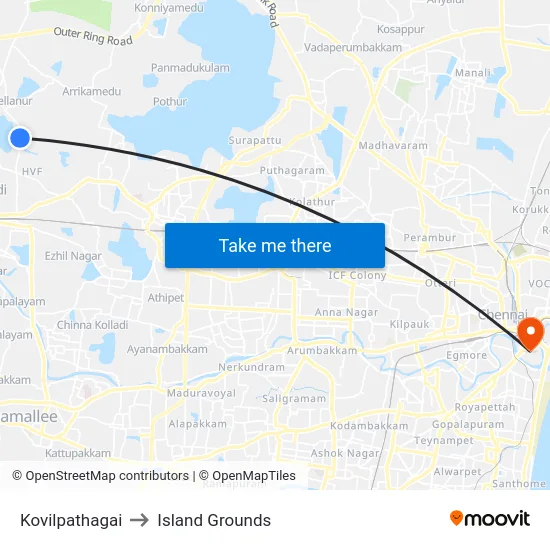 Kovilpathagai to Island Grounds map