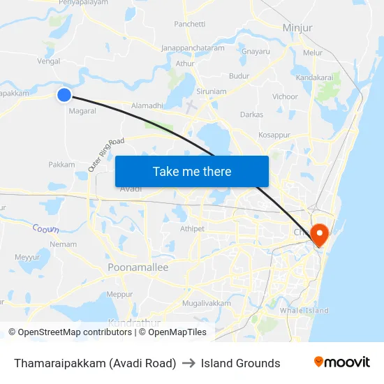 Thamaraipakkam (Avadi Road) to Island Grounds map