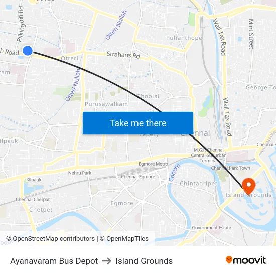 Ayanavaram Bus Depot to Island Grounds map