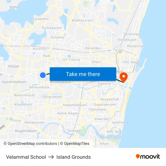 Velammal School to Island Grounds map