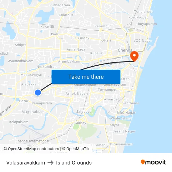 Valasaravakkam to Island Grounds map