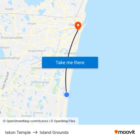 Iskon Temple to Island Grounds map