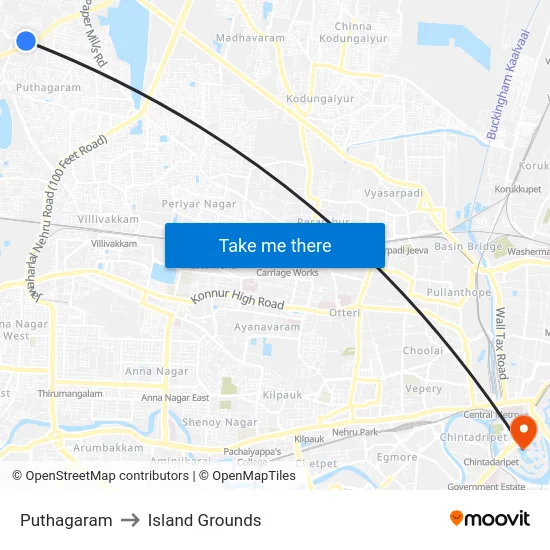 Puthagaram to Island Grounds map