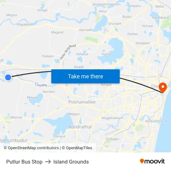 Putlur Bus Stop to Island Grounds map