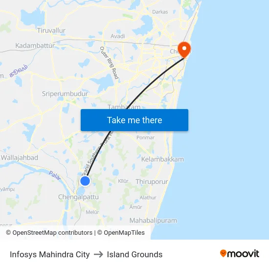 Infosys Mahindra City to Island Grounds map