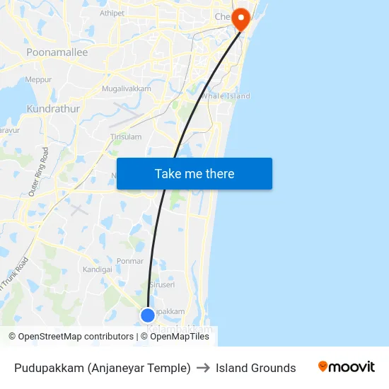 Pudupakkam (Anjaneyar Temple) to Island Grounds map