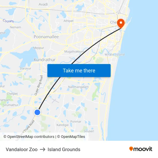 Vandaloor Zoo to Island Grounds map