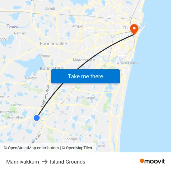 Mannivakkam to Island Grounds map