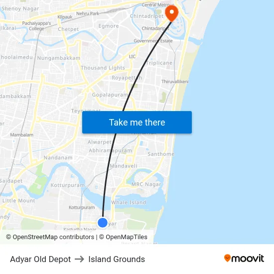 Adyar Old Depot to Island Grounds map