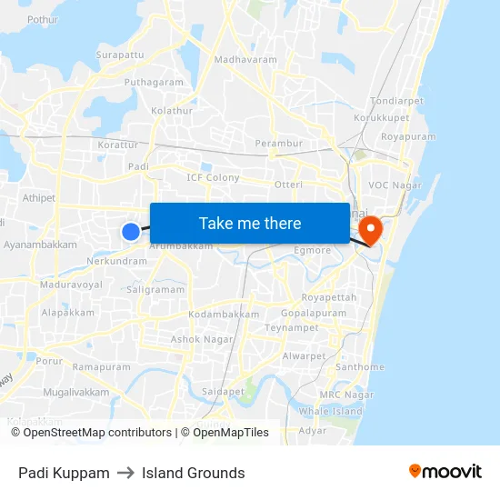 Padi Kuppam to Island Grounds map