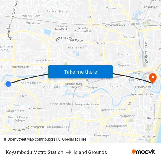 Koyambedu Metro Station to Island Grounds map