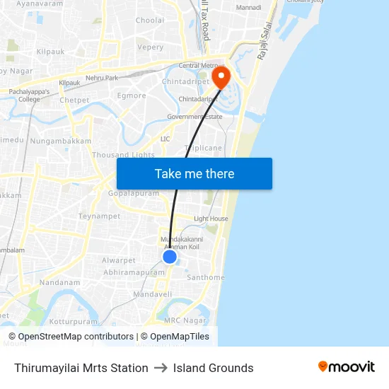 Thirumayilai Mrts Station to Island Grounds map