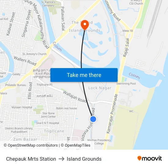 Chepauk Mrts Station to Island Grounds map