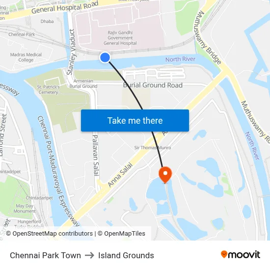 Chennai Park Town to Island Grounds map