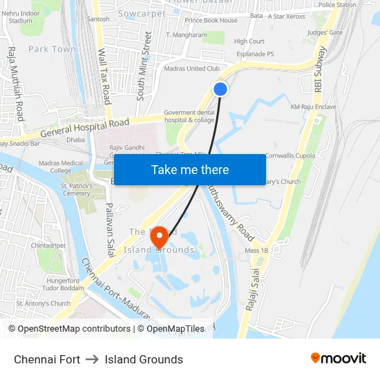 Chennai Fort to Island Grounds map