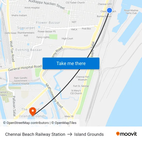 Chennai Beach Railway Station to Island Grounds map