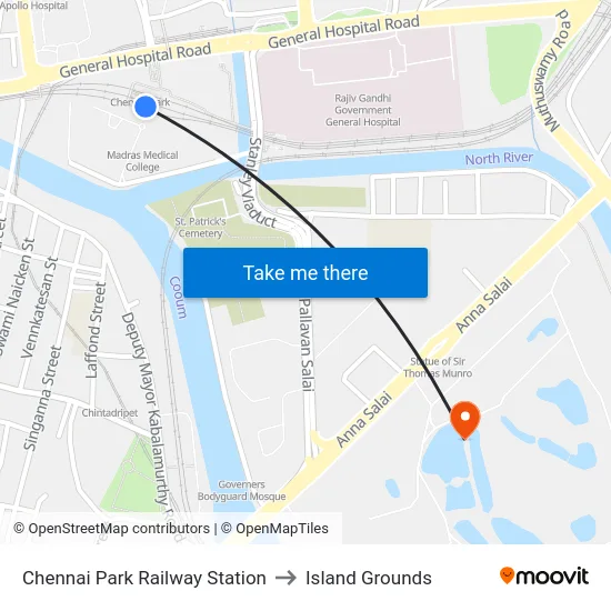 Chennai Park Railway Station to Island Grounds map