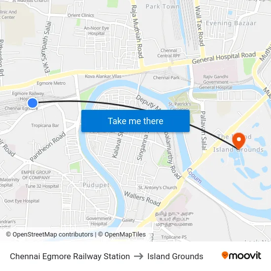 Chennai Egmore Railway Station to Island Grounds map
