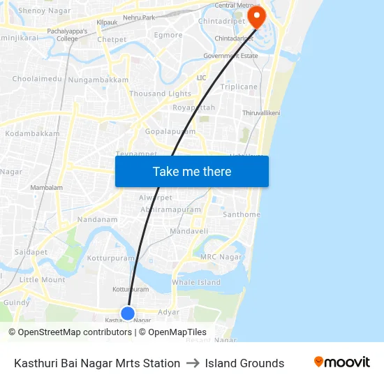 Kasturibai Nagar to Island Grounds map