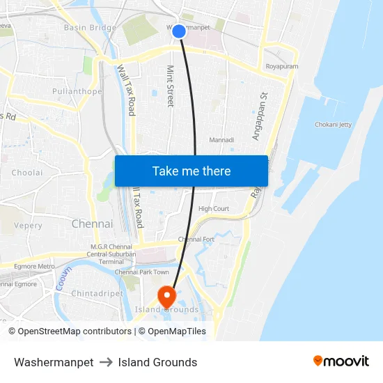 Washermanpet to Island Grounds map