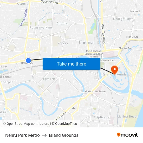 Nehru Park Metro to Island Grounds map