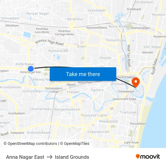 Anna Nagar East to Island Grounds map