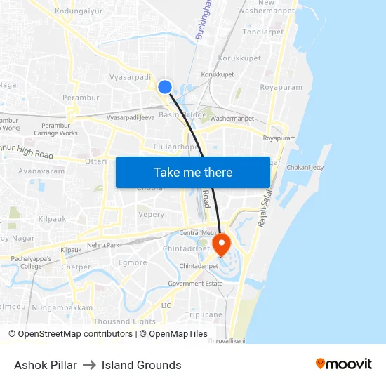 Ashok Pillar to Island Grounds map