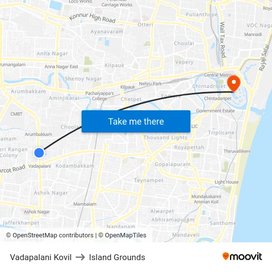 Vadapalani Kovil to Island Grounds map