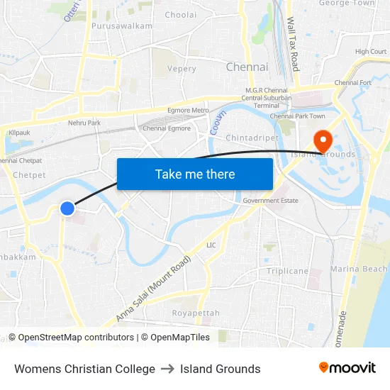 Womens Christian College to Island Grounds map