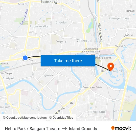 Nehru Park / Sangam Theatre to Island Grounds map